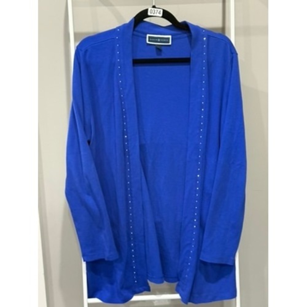 Karen Scott Royal Blue Rhinestone Open Front Cotton Cardigan L Grannycore